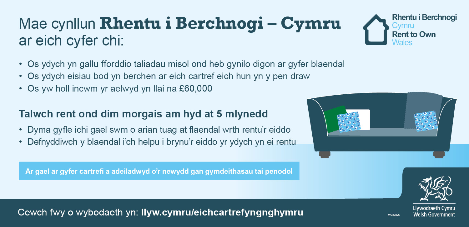Graffig yn dangos meini prawf ar gyfer cynllun Rhentu i Berchnogi Cymru