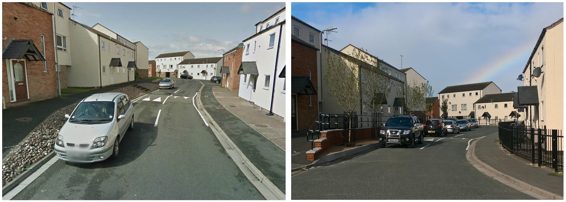 Before and after of street improvements in Tre Cwm, with new walkway and railings on the right