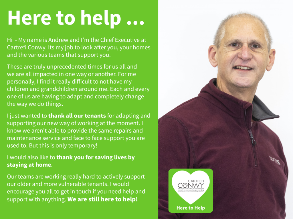 Green Here to Help campaign graphic with Andrew our chief executive