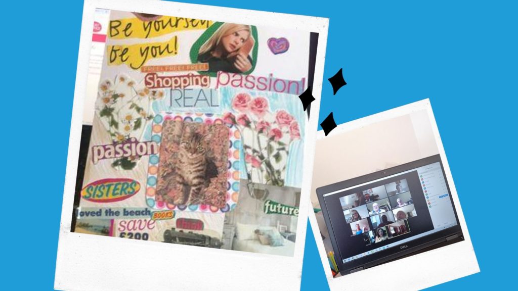 Llun glas gyda dwy llun polaroid gyda gwaith celf ein tenantiaid arno a galwad Zoom