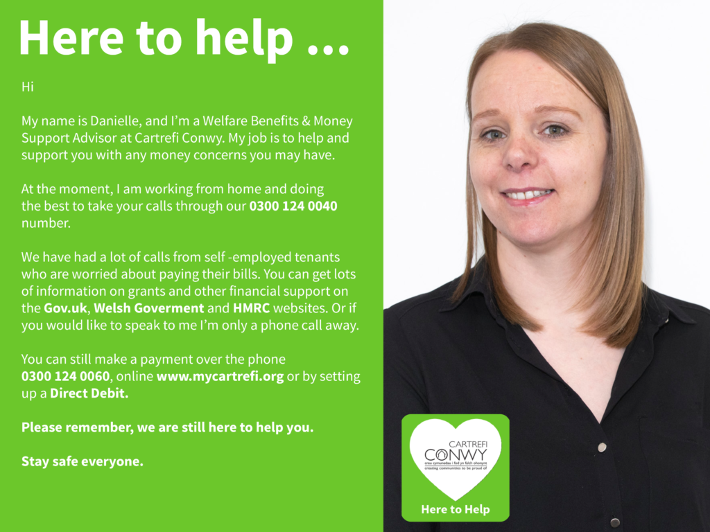 Green Here to Help campaign graphic with Danielle from our Money Support Team