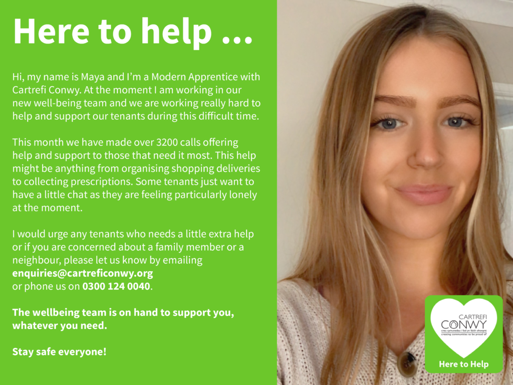 Green Here to Help campaign graphic with Maya our Modern Apprentice